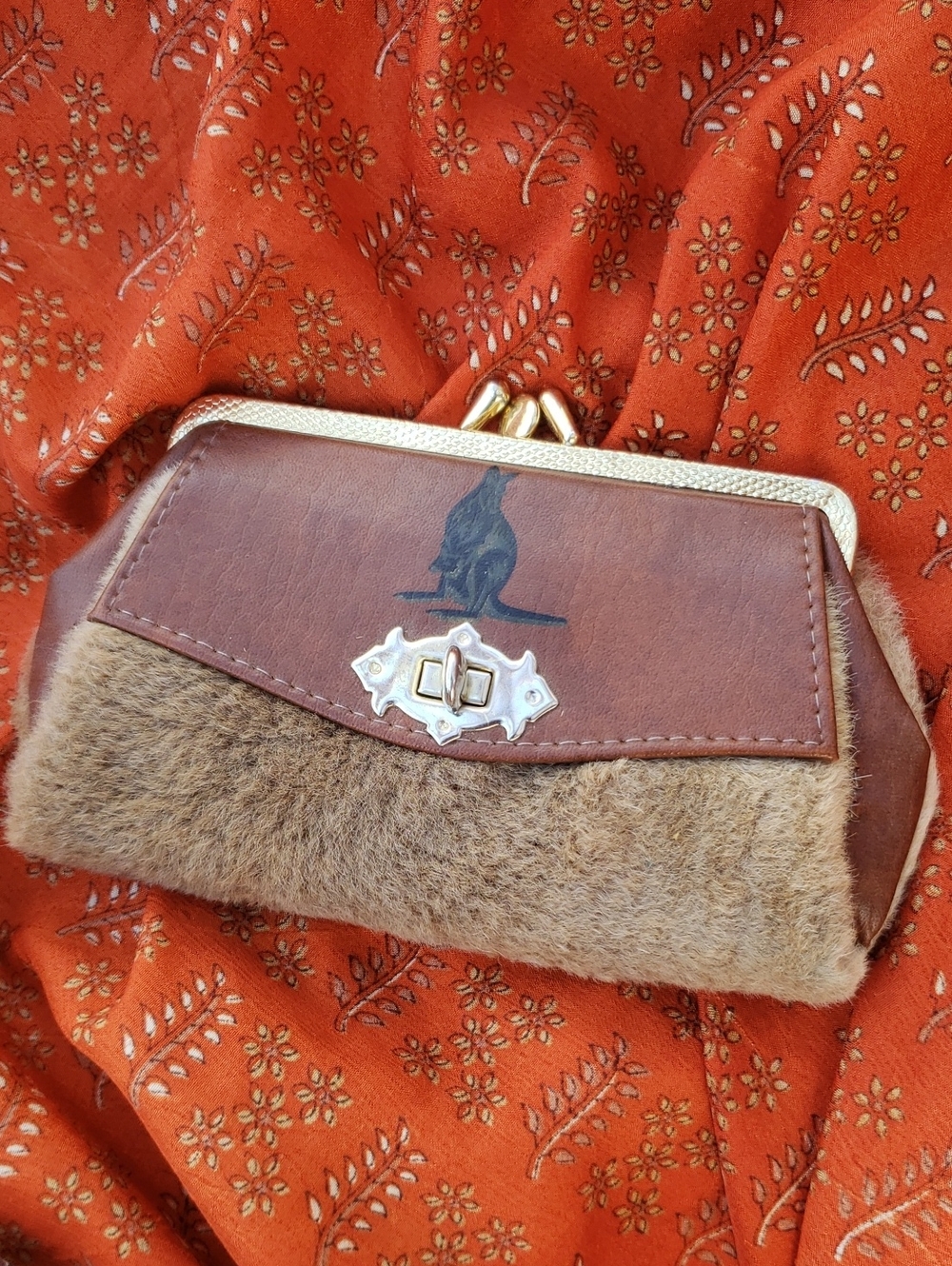 Authentic Vintage Kangaroo Fur & Leather Clutch Wallet Mid Century Modern